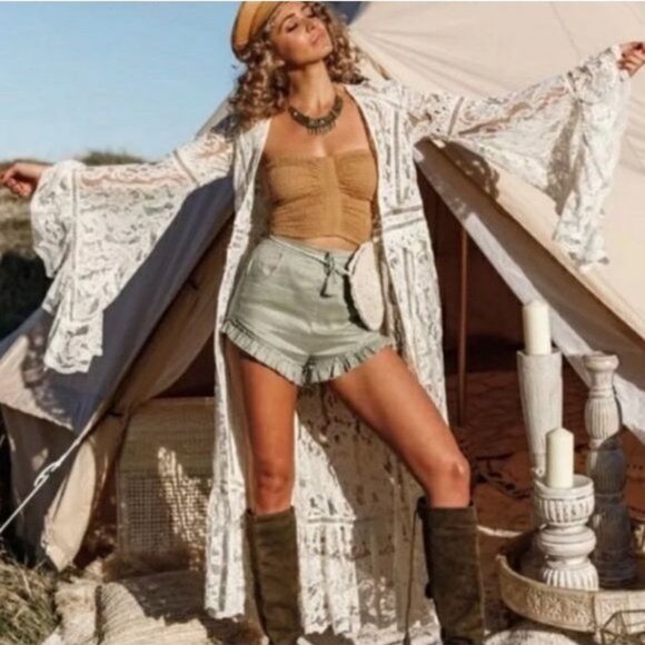 Free People Ivory Bell Sleeve Lace Maxi Duster | Romantic Boho Coastal Cowgirl S - Picture 1 of 16